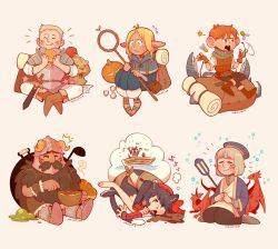 Rule 34 | 3boys, 3girls, animal ears, armor, artist name, backpack, bag, black hair, blonde hair, blue robe, blush, brown footwear, brown hair, bug, cat ears, chibi, chilchuck tims, closed eyes, dragon, dreaming, dryad fruit (dungeon meshi), dungeon meshi, dwarf, eating, fake horns, falin touden, finger twirl, fingerless gloves, food, frown, gloves, green eyes, helmet, highres, holding, holding staff, horned helmet, horns, izutsumi, ladle, laios touden, light brown hair, luchichufer, marcille donato, mimic, multiple boys, multiple girls, neck warmer, pointy ears, robe, senshi (dungeon meshi), sheath, sheathed, shell, sitting, slime (substance), soup, staff, sword, tail, thought bubble, weapon