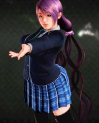 Rule 34 | 10s, 1girl, 3d, artist request, bad id, bad twitter id, breasts, green eyes, hair ornament, hair scrunchie, huge breasts, long hair, looking at viewer, love live!, love live! school idol project, necktie, otonokizaka school uniform, purple hair, school uniform, scrunchie, solo, standing, tojo nozomi, twintails, uniform, very long hair
