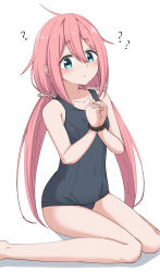 Rule 34 | 1girl, ?, black one-piece swimsuit, blue eyes, bound, breasts, commentary request, commission, highres, kagamihara nadeshiko, long hair, looking at viewer, low twintails, one-piece swimsuit, pink hair, rope, school swimsuit, simple background, sitting, small breasts, solo, swimsuit, takasuma hiro, tied up (nonsexual), twintails, wariza, white background, yurucamp