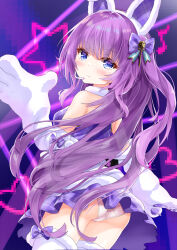 Rule 34 | 1girl, absurdres, animal ears, animal hands, ass, azur lane, blue eyes, blush, classic (zildjian33), commentary request, concert, eyes visible through hair, fake animal ears, from behind, gloves, hairband, highres, leaning forward, light rays, long hair, long sleeves, looking at viewer, looking back, microphone, panties, pantyshot, paw gloves, plaid, plaid skirt, pleated skirt, purple hair, rabbit ears, revision, sidelocks, skirt, solo, tashkent (azur lane), tashkent (muse) (azur lane), thighhighs, underwear, white panties, white thighhighs