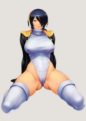 Rule 34 | 1girl, absurdres, black hair, breasts, brown eyes, commentary request, covered erect nipples, emperor penguin (kemono friends), full body, gluteal fold, hair over one eye, headphones, highleg, highleg leotard, highres, hood, hood down, hoodie, kemono friends, kneeling, large breasts, leotard, looking at viewer, short hair, solo, thick thighs, thighhighs, thighs, turiganesou800, white background, white leotard, white thighhighs