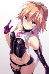 Rule 34 | 1girl, asymmetrical gloves, bare shoulders, black collar, black gloves, black thighhighs, blush, braid, breasts, closed mouth, collar, corset, crotch zipper, detached collar, from above, glint, gloves, gradient background, groin, hair between eyes, half gloves, highres, idolmaster, idolmaster cinderella girls, long hair, looking at viewer, midriff, mismatched gloves, multicolored hair, navel, ninomiya asuka, nose blush, o-ring, orange hair, pink eyes, pink gloves, pink neckwear, pointing, pointing up, purple hair, single braid, single half glove, small breasts, smile, solo, thighhighs, touya (the-moon), two-tone hair, uneven gloves, very long hair, white background, zipper