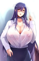 Rule 34 | 1girl, black skirt, blouse, blush, breasts, brown eyes, bursting breasts, choker, cleavage, collarbone, collared shirt, covered erect nipples, dress shirt, glasses, goban, highres, huge breasts, long hair, long sleeves, looking at viewer, nipples, open mouth, original, pencil skirt, pointer, purple hair, see-through, see-through shirt, shirt, shirt tucked in, skirt, solo, standing, white shirt