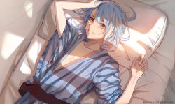 Rule 34 | 1other, androgynous, bed, bed sheet, blue hair, collarbone, hair between eyes, hand on own head, highres, japanese clothes, kimono, long hair, looking at viewer, lying, on back, open mouth, pillow, rimuru tempest, sash, shusuzu, smile, solo, tensei shitara slime datta ken, wide sleeves, yellow eyes, yukata