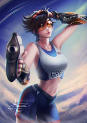 Rule 34 | 1girl, aiming, aiming at viewer, arms up, artist name, axsen, black hair, blue shorts, breasts, brown eyes, closed mouth, cloud, contrapposto, earrings, hand in own hair, jewelry, large breasts, lips, looking at viewer, navel, orange goggles, overwatch, overwatch 1, patreon username, red lips, shirt, short hair, shorts, signature, solo, spiked hair, standing, stomach, tank top, tracer (overwatch), union jack, watermark, web address, white shirt
