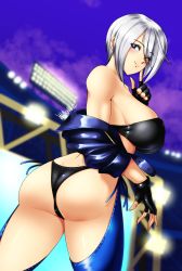 Rule 34 | 1girl, absurdres, angel (kof), ass, bare shoulders, blue eyes, breasts, collarbone, cropped jacket, danmakuman, fingerless gloves, gloves, hair over one eye, highres, large breasts, leather, one eye closed, short hair, sideboob, smile, snk, solo, stadium, the king of fighters, thong, white hair