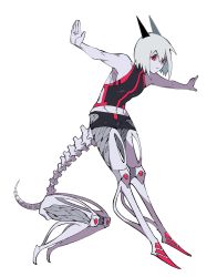 Rule 34 | 1girl, bare arms, bare shoulders, black shorts, bob cut, colored skin, digitigrade, exposed bone, exposed muscle, full body, grey hair, grey skin, highres, horns, jumping, korean commentary, looking afar, looking at viewer, midriff, monster girl, now drawing, original, outstretched arms, red eyes, short hair, short shorts, shorts, sideways glance, simple background, sleeveless, solo, spine, spread arms, taur, tight clothes, toned, white background