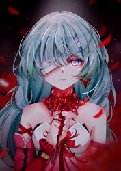 Rule 34 | 1girl, aqua hair, bandage over one eye, bandaged head, bandages, bare shoulders, breasts, chinese commentary, commentary, detached collar, detached sleeves, dress, earrings, expressionless, floral background, flower, flower on chest, highres, holding, holding flower, jewelry, light particles, ling lulu, long hair, looking at viewer, one eye covered, phrolova (wuthering waves), pink eyes, purple eyes, red flower, red sleeves, single earring, small breasts, solo, spider lily, star (symbol), star earrings, straight-on, two-tone eyes, upper body, white dress, wuthering waves
