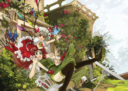 Rule 34 | 2girls, blonde hair, blue eyes, boots, chair, crystal, cup, falling, female focus, flandre scarlet, flower, food, hat, highres, hong meiling, long hair, multiple girls, open mouth, outstretched arm, outstretched hand, plant, reaching, red eyes, red flower, red hair, red rose, rose, sasurai susuki, saucer, sausage, side ponytail, surprised, table, tea, teacup, embodiment of scarlet devil, thigh boots, thighhighs, touhou, tree, wings