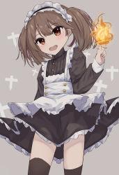 Rule 34 | 1girl, alternate costume, black dress, black legwear, brown eyes, brown hair, dress, enmaided, fire, grey background, highres, kantai collection, logiclr, long hair, looking at viewer, maid, maid headdress, ryuujou (kancolle), shikigami, solo, standing, twintails, white frilled apron