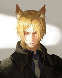 Rule 34 | 1boy, absurdres, animal ear fluff, animal ears, arknights, black jacket, blonde hair, blue shirt, chinese commentary, collared jacket, commentary request, expressionless, grey background, high collar, highres, horse ears, jacket, looking to the side, male focus, mlynar (arknights), necktie, portrait, quan dao, realistic, red eyes, shirt, short hair, sideways glance, simple background, solo, white necktie