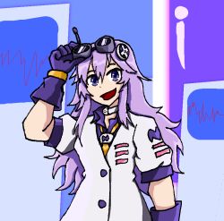 Rule 34 | 1girl, alternate costume, arm up, commentary, d-pad, d-pad hair ornament, dress, english commentary, gloves, goggles, goggles on head, hair between eyes, hair ornament, long hair, looking at viewer, necktie, nepgear, neptune (series), open mouth, purple eyes, purple gloves, purple hair, radio antenna, redesign, ro-beto(artist), self-upload, shirt, short sleeves, smile, solo, upper body, white dress, yellow necktie