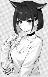 Rule 34 | 1girl, blue archive, blunt ends, blush, breasts, cat, choker, cleavage, collarbone, cropped torso, extra ears, greyscale, highres, kazusa (blue archive), long sleeves, looking at viewer, medium breasts, monochrome, ryouta (ryouta335), short hair, solo, translation request, upper body