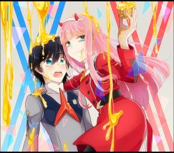 Rule 34 | 10s, 1boy, 1girl, black hair, black pantyhose, blue eyes, couple, darling in the franxx, food, green eyes, hairband, hand on another&#039;s shoulder, hiro (darling in the franxx), horns, licking lips, long hair, military, military uniform, necktie, oni horns, orange neckwear, pantyhose, pink hair, red neckwear, short hair, temaroppu (ppp 10cc), tongue, tongue out, uniform, white hairband, zero two (darling in the franxx)