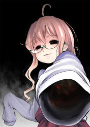 Rule 34 | 1girl, ahoge, black eyes, commentary request, dress, empty eyes, glasses, green-framed eyewear, kantai collection, kurona, long hair, makigumo (kancolle), open mouth, pink hair, red dress, sleeves past wrists, smile, sneer, solo, upper body