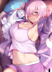 Rule 34 | 1girl, absurdres, bed, blue gk, blush, breasts, creature, fate/grand order, fate (series), fou (fate), glasses, hair over one eye, highres, hood, hoodie, large breasts, light purple hair, long sleeves, looking at viewer, mash kyrielight, midriff, navel, non-web source, on bed, pillow, purple eyes, short hair, short shorts, shorts, smile, solo, striped clothes, striped hoodie, tank top
