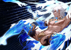 Rule 34 | 1boy, abs, armpits, bare pectorals, bulge, earrings, fate/grand order, fate (series), foot out of frame, from below, genderswap, genderswap (ftm), jewelry, kama (beast iii/l) (fate), kama (fate), long hair, male focus, mosi l, navel, nipples, pectorals, red eyes, smile, solo focus, stomach, thick thighs, thighhighs, thighs, toned, toned male
