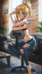 Rule 34 | 1girl, blonde hair, blue pants, blush, bra, bracelet, braid, breasts, cellphone, chair, collarbone, denim, earbuds, earphones, fate/apocrypha, fate (series), green eyes, half up braid, highres, jeans, jewelry, long hair, looking at viewer, mordred (fate), mordred (fate/apocrypha), navel, pants, parted bangs, phone, ponytail, red bra, sidelocks, sitting, small breasts, smile, solo, tonee, torn clothes, torn jeans, torn pants, underwear