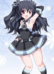 Rule 34 | 1girl, arm up, armpits, bare shoulders, black hair, blush, hair ornament, kagerou (kers), long hair, looking at viewer, neptune (series), red eyes, solo, two side up, uni (neptunia)