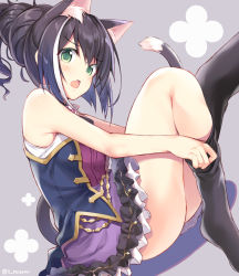 Rule 34 | 1girl, animal ear fluff, animal ears, black hair, black pantyhose, blush, brooch, cat ears, cat tail, dress, fang, frilled dress, frills, from side, green eyes, grey background, hair between eyes, high collar, highres, jewelry, karyl (princess connect!), lifting own clothes, multicolored hair, nozomi tsubame, pantyhose, pantyhose lift, princess connect!, purple dress, shadow, sitting, skin fang, sleeveless, sleeveless dress, solo, streaked hair, tail, thighs, twitter username, white hair