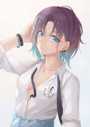 Rule 34 | 1girl, absurdres, aqua eyes, aqua hair, arm up, asakura toru, bad id, bad pixiv id, breast pocket, breasts, collared shirt, dress shirt, gradient hair, highres, idolmaster, idolmaster shiny colors, long sleeves, looking at viewer, multicolored hair, no bra, open clothes, open shirt, parted bangs, parted lips, partially unbuttoned, pen, pocket, purple hair, school uniform, shirt, short sleeves, simple background, small breasts, smile, solo, upper body, white background, white shirt, wristband, xixing si yao meng