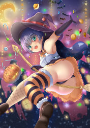 Rule 34 | 1girl, absurdres, aqua eyes, artist request, ass, asymmetrical legwear, bare shoulders, blue hair, breasts, broom, cape, cave (developer), costume, dodonpachi, dodonpachi saidaioujou, elbow gloves, fangs, from below, gloves, halloween, halloween costume, hat, highres, hikari (saidaioujou), jack-o&#039;-lantern, looking at viewer, looking down, mismatched legwear, open mouth, panties, shiny skin, short hair, skirt, small breasts, smile, solo, thighhighs, underwear, upskirt, witch, witch hat