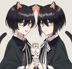 Rule 34 | 2boys, animal ears, bad id, bad pixiv id, black capelet, black hair, brothers, capelet, cat boy, cat ears, cat tail, closed mouth, holding hands, kashiko (coupy), long sleeves, looking at viewer, mahoutsukai no yakusoku, male focus, multiple boys, shirt, siblings, smile, snow (mahoutsukai no yakusoku), tail, tongue, tongue out, twins, white (mahoutsukai no yakusoku), white shirt