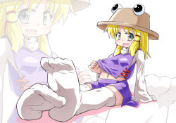 Rule 34 | 1girl, arm support, blonde hair, clothes lift, fang, feet, female focus, foot focus, foreshortening, geperu, hat, looking at viewer, midriff, moriya suwako, navel, no shoes, obyaa, open mouth, shirt lift, sitting, skirt, solo, thighhighs, touhou, white thighhighs, yellow eyes, zettai ryouiki, zoom layer