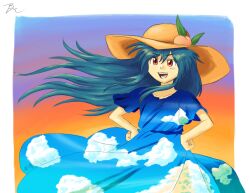 Rule 34 | 1girl, absurdres, alternate costume, blue dress, blue hair, bread master, brown headwear, commentary, dress, gradient background, highres, hinanawi tenshi, looking at viewer, peach hat ornament, red eyes, signature, sky print, solo, touhou