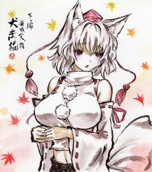 Rule 34 | animal ears, bare shoulders, blush, breasts, character name, detached sleeves, embarrassed, hat, inubashiri momiji, kabaji, large breasts, leaf, looking away, maple leaf, midriff, navel, open mouth, own hands together, pom pom (clothes), red eyes, short hair, solo, tareme, tassel, tokin hat, touhou, traditional media, triangle mouth, turtleneck, upper body, white hair, wide sleeves, wolf ears