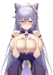 Rule 34 | 1girl, :o, absurdres, alternate breast size, bare shoulders, black pantyhose, blush, breasts, breasts out, cha hou, choker, cleavage, cone hair bun, covering privates, covering breasts, covering nipples, dress, fingers together, genshin impact, hair bun, hair ornament, highres, huge breasts, keqing (genshin impact), long hair, long sleeves, looking at viewer, open mouth, pantyhose, purple eyes, purple hair, solo, twintails