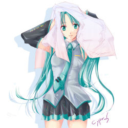 Rule 34 | 1girl, cyprus, green eyes, green hair, hatsune miku, long hair, looking at viewer, matching hair/eyes, necktie, simple background, skirt, solo, towel, very long hair, vocaloid, wet, white background