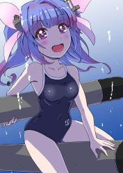 Rule 34 | 1girl, black one-piece swimsuit, blue hair, breasts, competition school swimsuit, cowboy shot, fangs, grey hair, hi-ro (rimlnet), highres, i-19 (kancolle), kantai collection, long hair, medium breasts, one-piece swimsuit, open mouth, red eyes, riding, school swimsuit, smile, solo, star-shaped pupils, star (symbol), swimsuit, symbol-shaped pupils, torpedo, tri tails, twintails, underwater