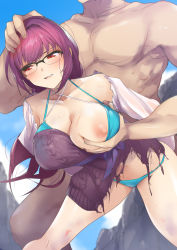 Rule 34 | 1boy, 1girl, bikini, crying, crying with eyes open, fate (series), glasses, grabbing, grabbing another&#039;s breast, nukkoru, one breast out, ponytail, purple hair, red eyes, scathach (fate), scathach skadi (swimsuit ruler) (second ascension) (fate), swimsuit, tagme, tears, thighs, torn clothes