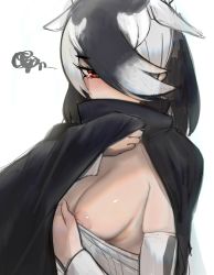 Rule 34 | 1girl, animal ears, antelope ears, black hair, blackbuck (kemono friends), blush, breasts, cape, collared cape, covered mouth, detached sleeves, extra ears, hair over one eye, high collar, highres, kemono friends, looking at viewer, medium breasts, medium hair, multicolored hair, nipples, no bra, red eyes, shibori kasu, skindentation, solo, squiggle, strapless, two-tone hair, upper body, white hair