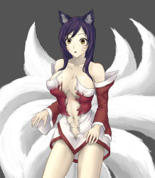 Rule 34 | 1girl, ahri (league of legends), animal ears, bare shoulders, black hair, breasts, cleavage, facial mark, female focus, fox ears, fox tail, highres, korean clothes, large breasts, league of legends, mr yah, multiple tails, navel, open mouth, simple background, solo, surprised, tail, tearing clothes, torn clothes, wardrobe malfunction, whisker markings, yellow eyes
