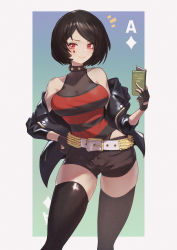 Rule 34 | 1girl, absurdres, bare shoulders, belt, black collar, black gloves, black hair, black jacket, black shorts, black thighhighs, bob cut, breasts, cleavage, collar, dark persona, facial mark, fingerless gloves, gloves, hand on own hip, highres, holding, holding notebook, huge filesize, jacket, jin rou, korean commentary, large breasts, looking at viewer, loose belt, notebook, off shoulder, open clothes, open jacket, parted bangs, parted lips, red eyes, semi (semi wa magic cube), semi wa magic cube, shirt, short hair, short shorts, shorts, skindentation, sleeveless, sleeveless shirt, smile, solo, striped clothes, striped shirt, studded collar, thighhighs