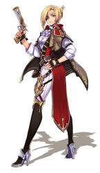 Rule 34 | 1girl, antique firearm, black gloves, blonde hair, blunderbuss, cape, empew, eyepatch, finger on trigger, fingerless gloves, gun, full body, gloves, gun, hand on own hip, high heels, holding, holding gun, holding weapon, looking at viewer, original, purple eyes, shadow, short hair, solo, tenkuu no crystalia, uniform, weapon, white background