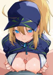 Rule 34 | 1boy, 1girl, ahoge, artoria pendragon (fate), baseball cap, bikini, blonde hair, blue eyes, blue jacket, blush, breast hold, breasts, breasts out, censored, commission, ear blush, fate/grand order, fate (series), hat, hetero, highres, jacket, large breasts, looking at viewer, medium breasts, mosaic censoring, mysterious heroine x (fate), mysterious heroine xx (fate), nipples, nonoyama, paizuri, penis, ponytail, pov, pov crotch, simple background, skeb commission, sweat, swimsuit, white background, white bikini