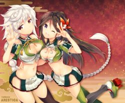 Rule 34 | 10s, 2girls, amagi (kancolle), ariko youichi, asymmetrical hair, braid, breasts, brown eyes, brown hair, cleavage, cleavage cutout, clothing cutout, cloud print, crop top, flower, hair between eyes, hair flower, hair ornament, hand on another&#039;s hip, jitome, kantai collection, large breasts, long hair, looking at viewer, midriff, miniskirt, mole, mole under eye, multiple girls, navel, one eye closed, open mouth, pleated skirt, ponytail, silver hair, single braid, skirt, thighhighs, unryuu (kancolle), v, v over eye, very long hair, yellow eyes, zettai ryouiki