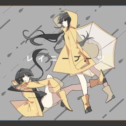 Rule 34 | 2girls, absurdres, black eyes, black hair, black shirt, blunt bangs, boots, clone, dot nose, expressionless, floating hair, grey background, hands on own knees, high heel boots, high heels, highres, holding, holding umbrella, hood, hood down, hood up, isshou (1162713906), knee up, kneepits, long hair, looking at viewer, looking back, looking to the side, low twintails, multiple girls, no panties, osage (nukunuku nigirimeshi), outstretched arms, parted lips, rain, raincoat, rainy boots (vocaloid), rubber boots, shirt, sleeves past fingers, sleeves past wrists, song name, twintails, umbrella, vocaloid, water drop, yellow footwear, yellow raincoat, yellow umbrella