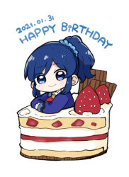 Rule 34 | 1girl, aikatsu!, aikatsu! (series), blue eyes, blue hair, blue jacket, blue scrunchie, blush, cake, cake slice, chibi, closed mouth, commentary request, dated, food, fruit, hair ornament, hair scrunchie, happy birthday, in food, jacket, kiriya aoi, long sleeves, looking at viewer, nozo (hitomiz), ponytail, school uniform, scrunchie, simple background, smile, solo, strawberry, white background