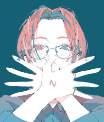 Rule 34 | 1girl, absurdres, blue background, blue eyes, blue hair, covering own mouth, ear piercing, forehead, glasses, hand focus, hands up, heterochromia, highres, looking at viewer, multicolored hair, nocopyrightgirl, original, piercing, portrait, red eyes, red hair, short hair, simple background, solo, two-tone hair