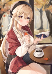 Rule 34 | 1girl, absurdres, autumn, autumn leaves, black hat, blonde hair, blurry, blurry background, blush, book, closed mouth, crossed bangs, cup, fringe trim, hat, highres, holding, long hair, long sleeves, looking at viewer, okiq, open book, original, outdoors, saucer, smile, solo, steam, table, teacup, thighs, tree, yellow eyes