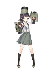 Rule 34 | 10s, 1girl, arare (kancolle), arm up, arm warmers, armpit peek, black hair, black skirt, black socks, buttons, cannon, collared shirt, female focus, full body, hat, holding, holding weapon, kantai collection, kneehighs, looking at viewer, noco (adamas), novel illustration, official art, pleated skirt, shirt, shoes, short sleeves, simple background, skirt, socks, solo, standing, suspender skirt, suspenders, weapon, white background, white shirt, yellow eyes