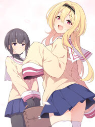 Rule 34 | 2girls, ass, black hair, black shirt, blonde hair, blue skirt, blunt bangs, blush, breasts, cherry blossoms, clannad, hair intakes, hairband, hand up, highres, hikarizaka private high school uniform, idolmaster, idolmaster cinderella girls, kurosaki chitose, lace-trimmed hairband, lace trim, looking at viewer, looking back, multiple girls, pantyhose, purple eyes, red eyes, revision, school uniform, serafuku, shirayuki chiyo, shirt, simple background, skirt, sleeves past fingers, sleeves past wrists, small breasts, smile, thighhighs, twisted torso, uccow, upper body, velvet rose (idolmaster), white background, white thighhighs, yellow serafuku