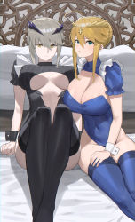 Rule 34 | 2girls, ahoge, artoria pendragon (fate), artoria pendragon (lancer) (fate), artoria pendragon (lancer alter) (fate), bare shoulders, black legwear, black leotard, blonde hair, blue leotard, blue thighhighs, braid, breasts, center opening, cleavage, crown, fate/grand order, fate (series), french braid, green eyes, highres, hood (james x), horns, large breasts, leotard, long hair, looking at viewer, maid, multiple girls, on bed, open mouth, revealing clothes, sidelocks, sitting, thighhighs, thighs, wrist cuffs, yellow eyes