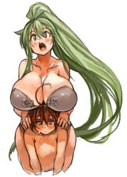 Rule 34 | 1boy, 1girl, :o, ahoge, bra, breast rest, breasts, breasts on head, brown hair, cleavage, collarbone, green hair, grey bra, hair between eyes, hands on another&#039;s shoulders, high ponytail, huge breasts, long hair, open mouth, original, sachito, sidelocks, simple background, strapless, strapless bra, sumi-chan (sachito), underwear, very long hair, white background, wide hips, yellow eyes
