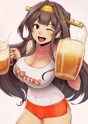 Rule 34 | &gt;;d, 10s, 1girl, ;d, ahoge, alternate costume, ao madoushi, beer mug, black eyes, blush, breasts, brown hair, cleavage, collarbone, covered navel, cowboy shot, cup, drinking glass, hairband, headgear, highres, holding, holding cup, holding drinking glass, hooters, kantai collection, kongou (kancolle), large breasts, long hair, looking at viewer, micro shorts, mug, one eye closed, open mouth, short shorts, shorts, side slit, sidelocks, smile, solo, tank top, teeth, v-shaped eyebrows