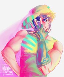 Rule 34 | &gt;:), 1boy, arm behind back, artist name, blue hair, colorful, derivative work, fingerless gloves, gloves, green eyes, hair ornament, hat, johannathemad, jojo no kimyou na bouken, jojo pose, jonathan joestar, jonathan joestar&#039;s pose (jojo), joseph joestar, looking at viewer, male focus, muscular, outstretched hand, shirt, sideways hat, single glove, sleeveless, sleeveless shirt, smile, solo, star (symbol), star hair ornament, tank top, upper body, v-shaped eyebrows